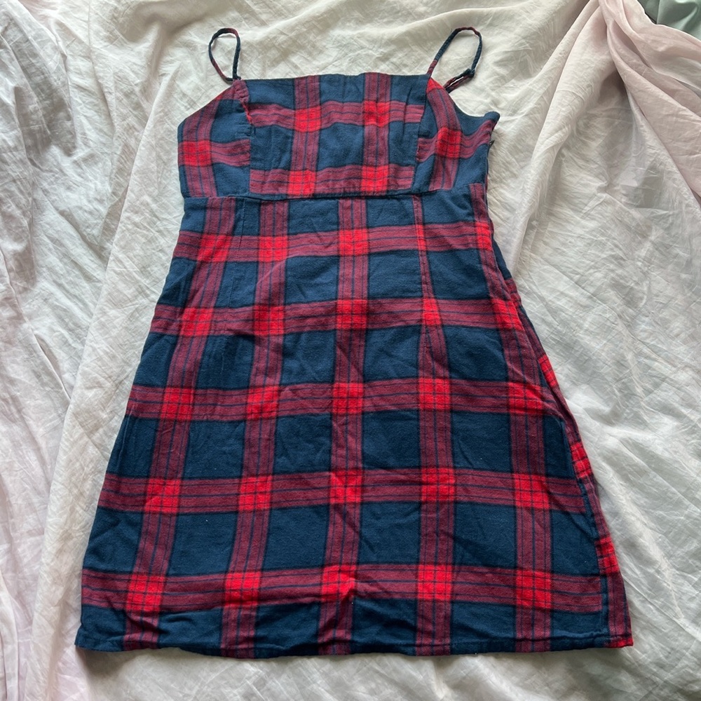 Garage red and blue plaid mini dress